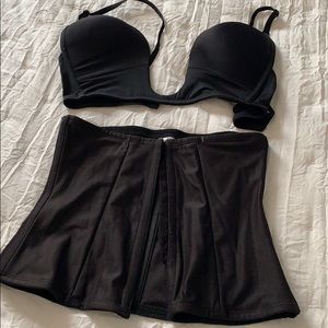 Deep plunge bra with black waist trainer